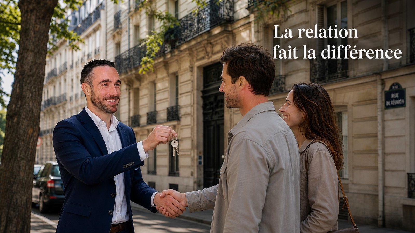 Valentin Lemarié entouré de ses partenaires : courtier, notaire, artisan et clients
